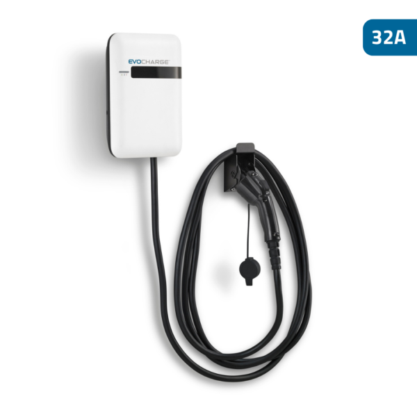 EvoCharge mounted on a white wall with the charging cord rolled up neatly on the wall.