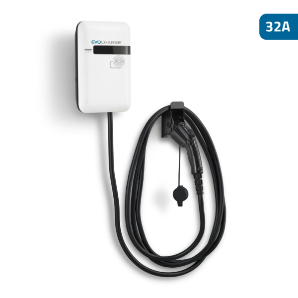 The EvoCharge mounted on a wall with the cord neatly hung beside it.