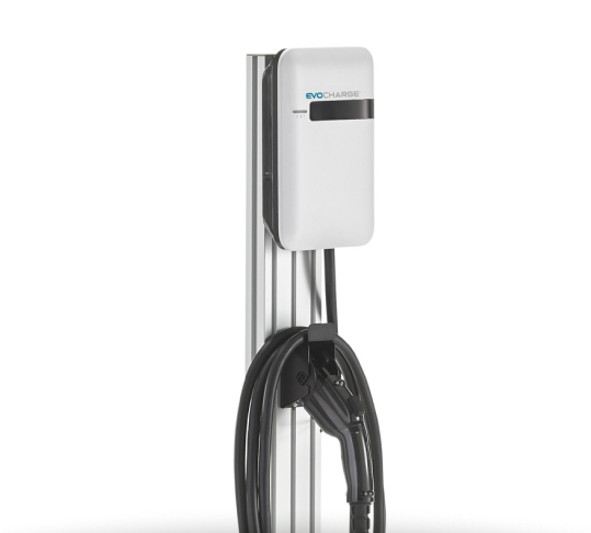 An EvoCharge car charging station with charger and reel, on a white background