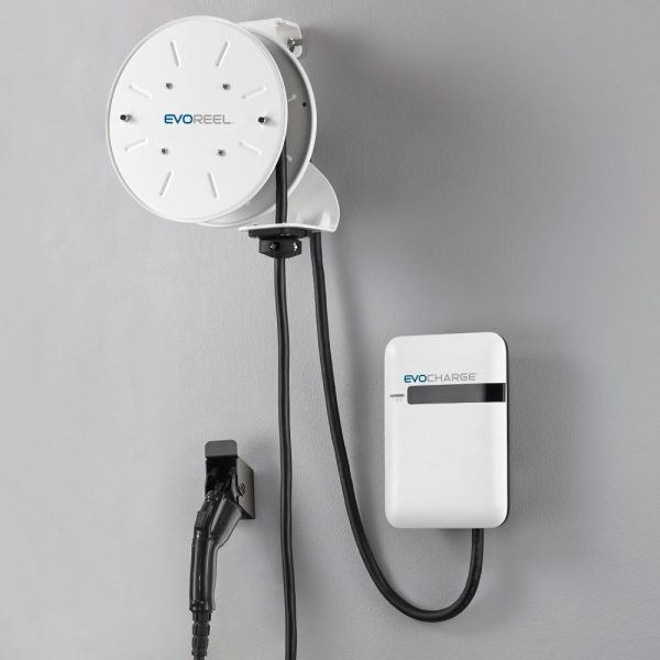 Wall Mount EvoCharge EVSE Level 2 EV Charging Station with EvoReel Cable Management