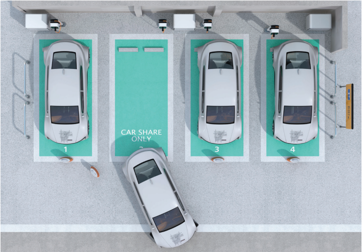 An aerial view of four parking spots with cars at EvoCharge charging stations