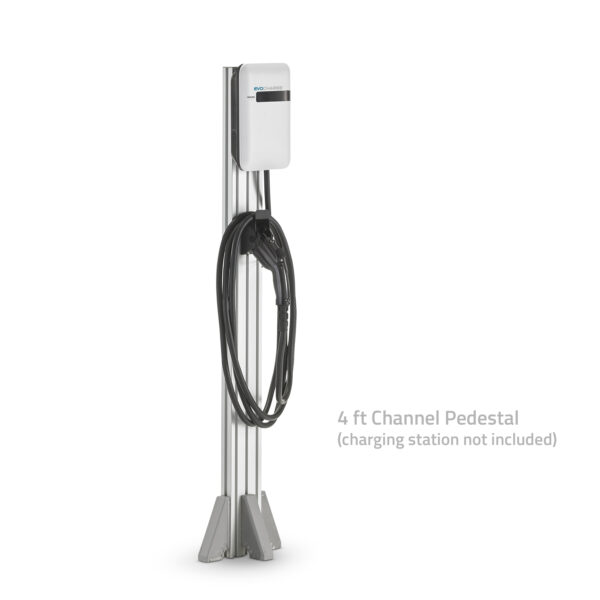 An EvoCharge mounted on 4 foot channel pedestal. Text: charging station not included.