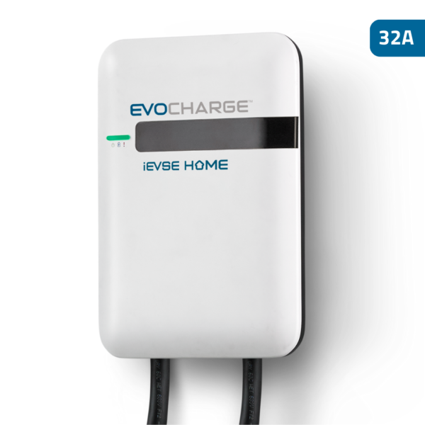 EvoCharge iEVSE 32 amp charger on a white background.