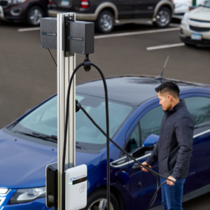 A man charges his car with an EvoCharge mounted on a pedestal.